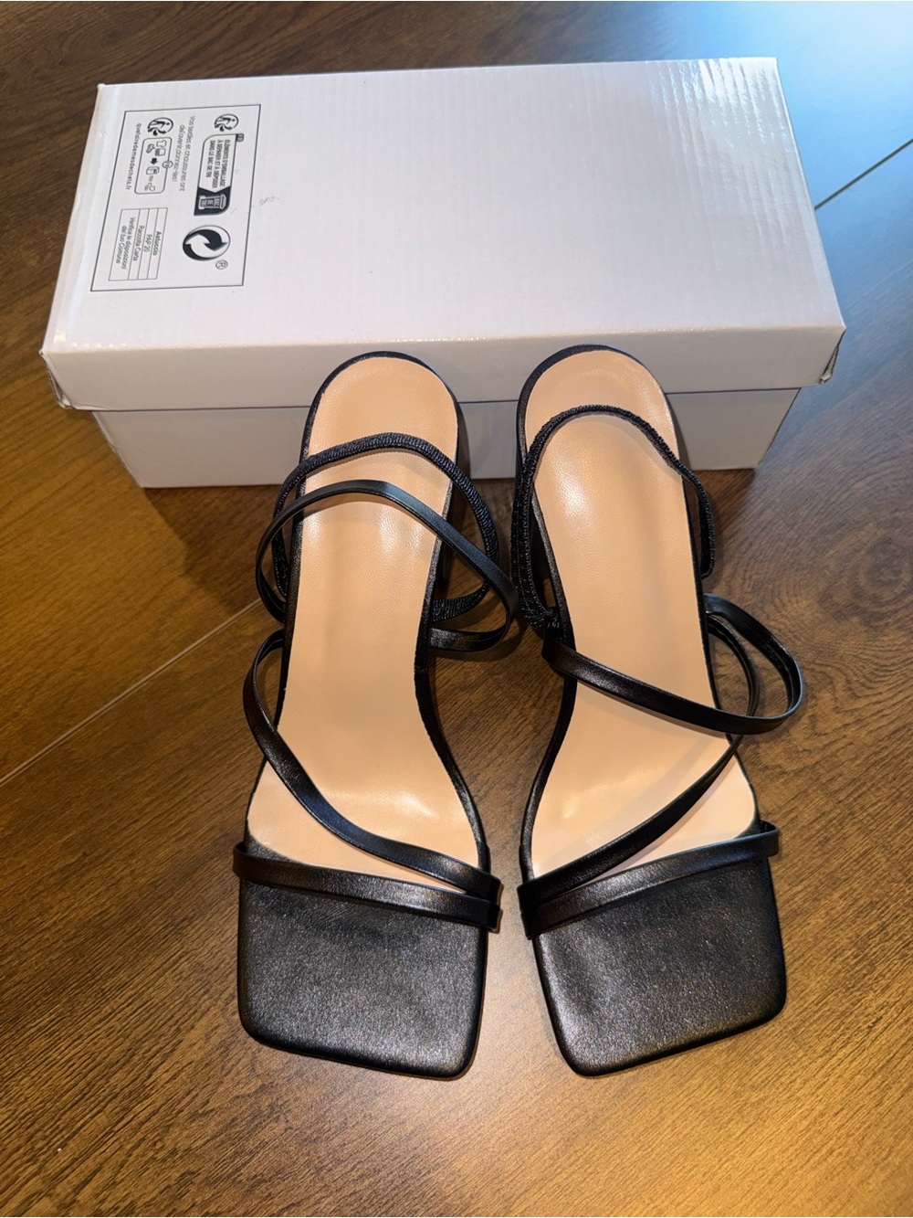 Black Strappy Square-Toe Women's Heeled Sandals
